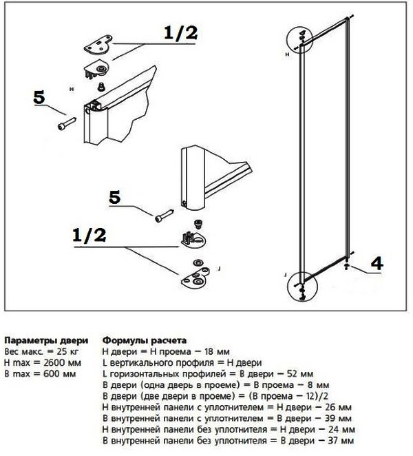 Схема сборки и расчёта распашной двери с DIN механизмом