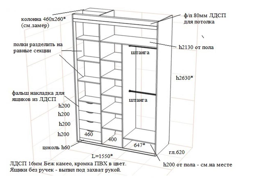 Вот так может выглядеть дизайн проект корпуса шкафа купе с указанием размеров и деталей внутреннего наполнения
