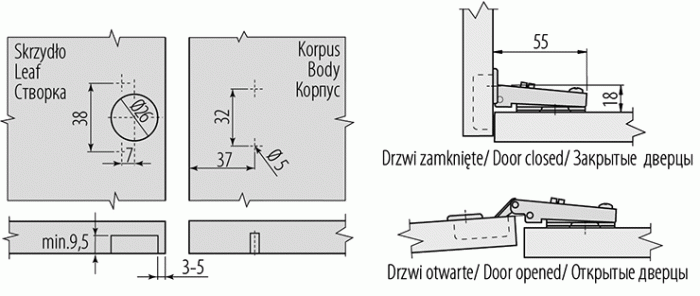 Карта сверления боковой стенки и фасада для установки на петлях диаметром 26 мм